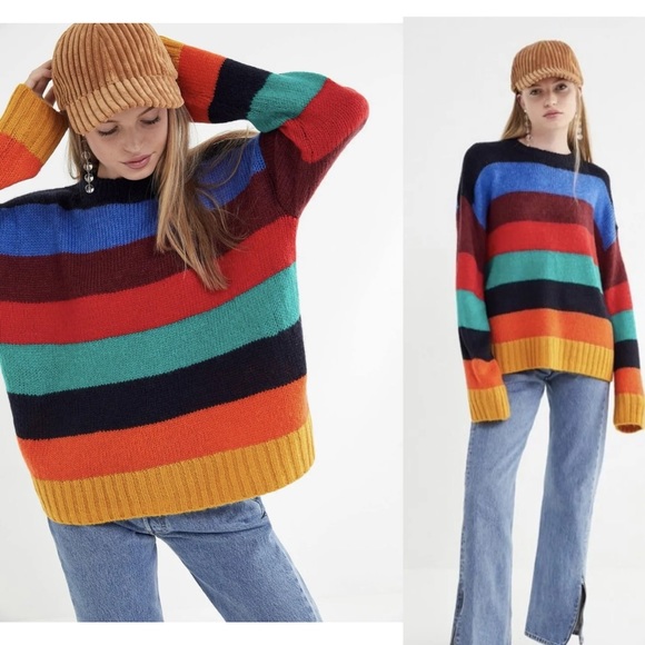 Urban Outfitters UO Bobby Boyfriend Striped Sweater Rainbow Multi - Picture 1 of 7